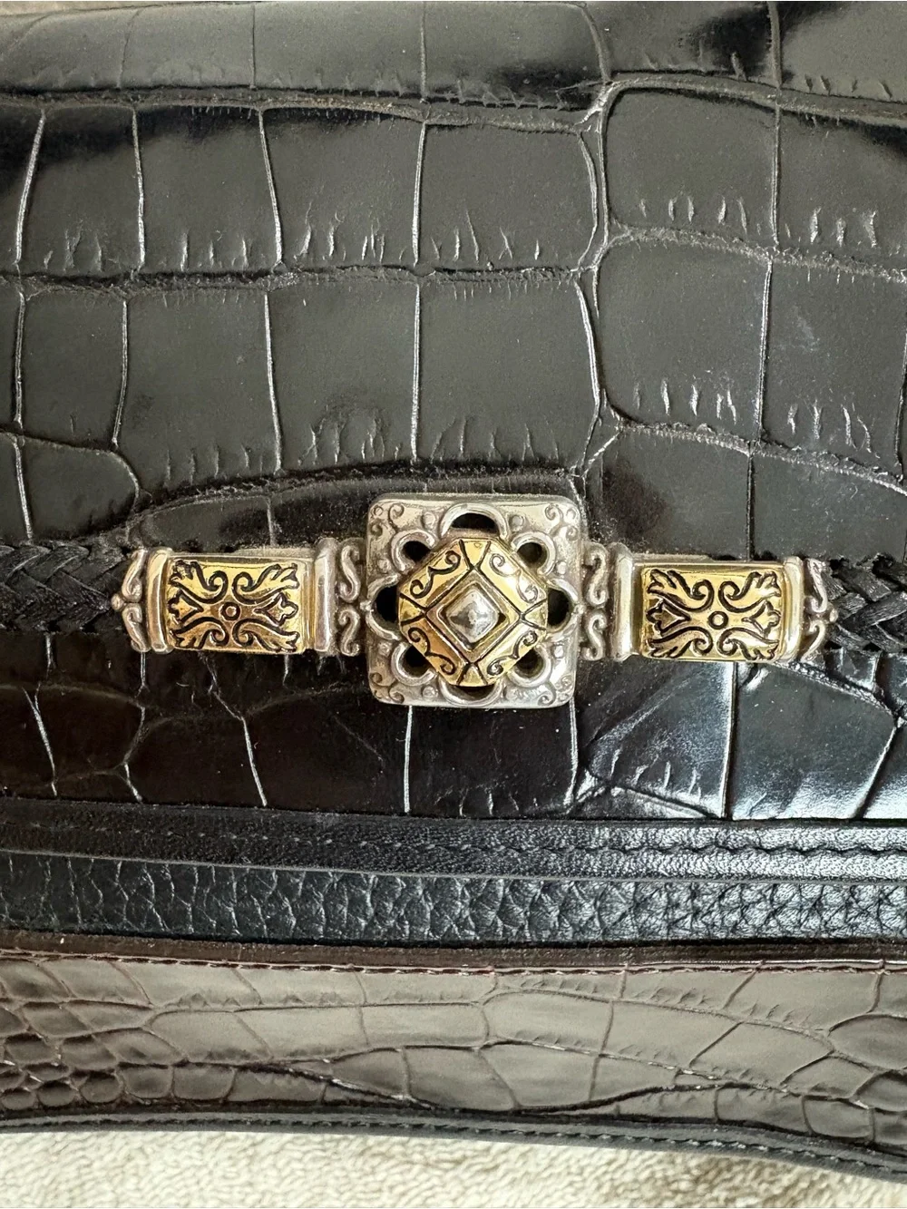 Brighton Black and Dark Brown Croc-Embossed Top-Handle Satchel